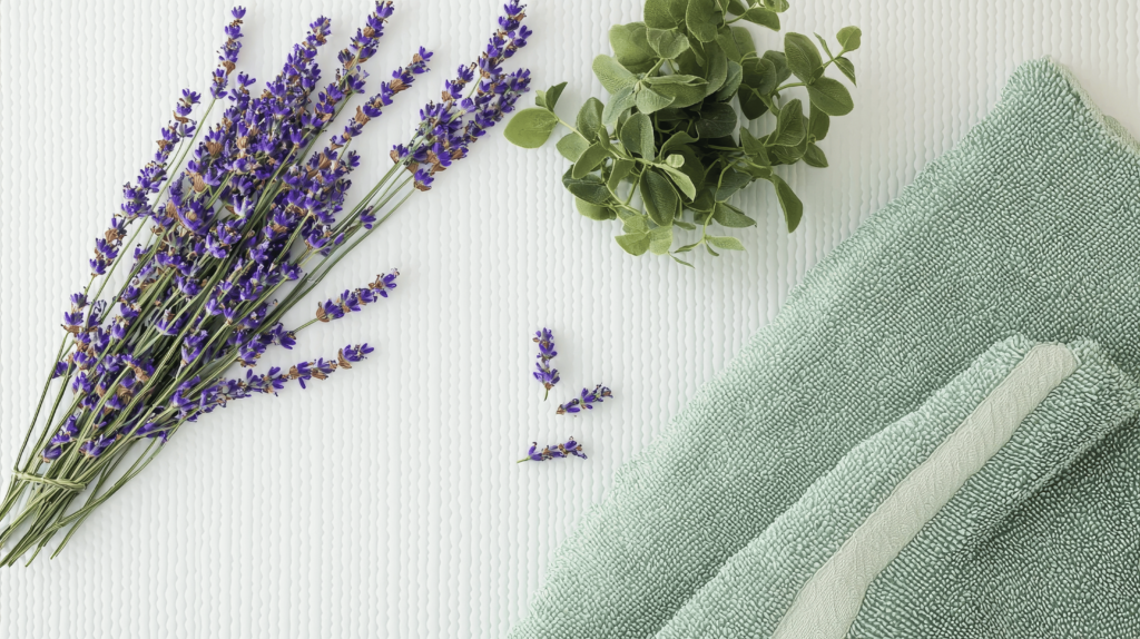 Lavanda, ervas naturais e toalha para ritual de banho de autocuidado