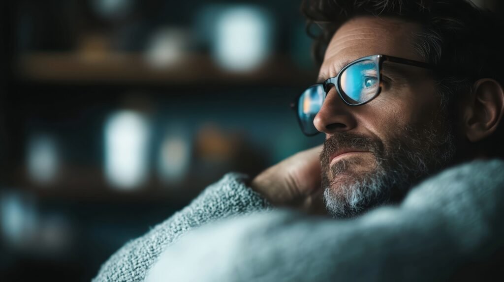 Homem reflexivo sobre o autocuidado