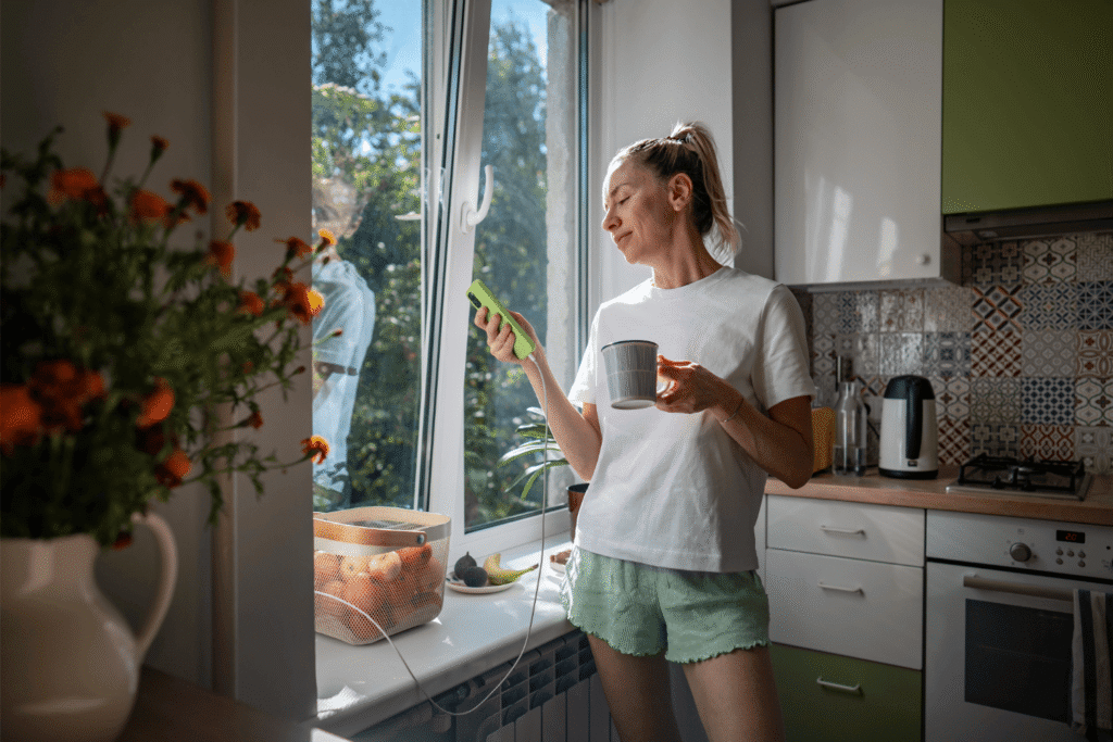 Mulher tomando café da manhã saudável com luz natural pela manhã